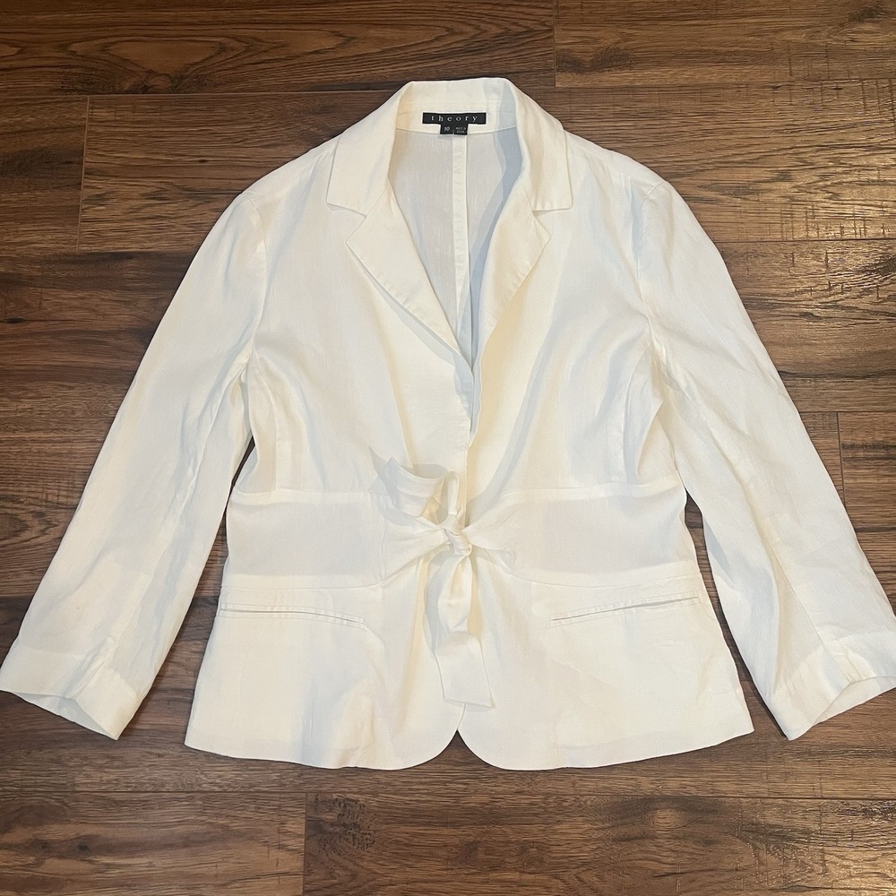 Theory Womens 8 White Blazer Front Tie Linen Blend Quiet Luxury Minimalist‎ Work